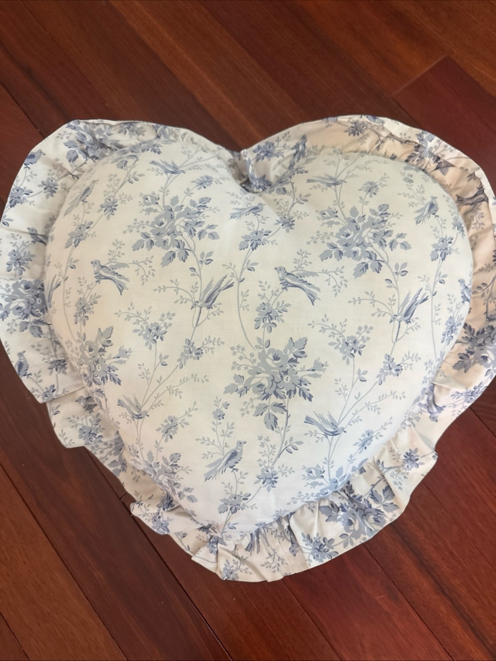 Rachel Ashwell Shabby Chic Heart Pillow Cream And Blue Floral & Birds Ruffle